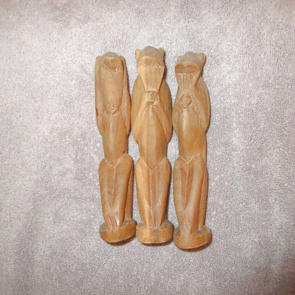 Three Wise Monkeys Iroko Wood Hear Speak See No Evil Figurines Vtg Africa 6.5”